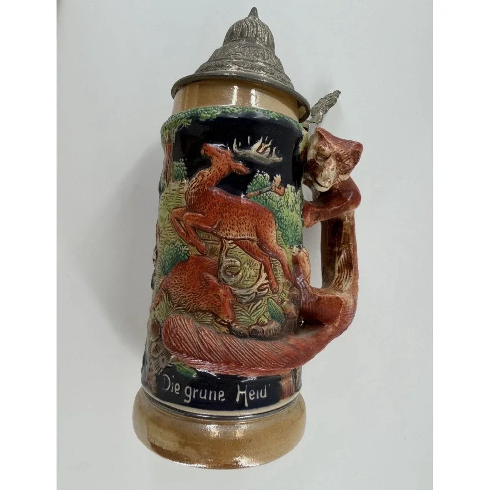 Vintage E&R Golden Crown Beer Stein Die Grune Heid Deer Pewter‎ Lid Germany
